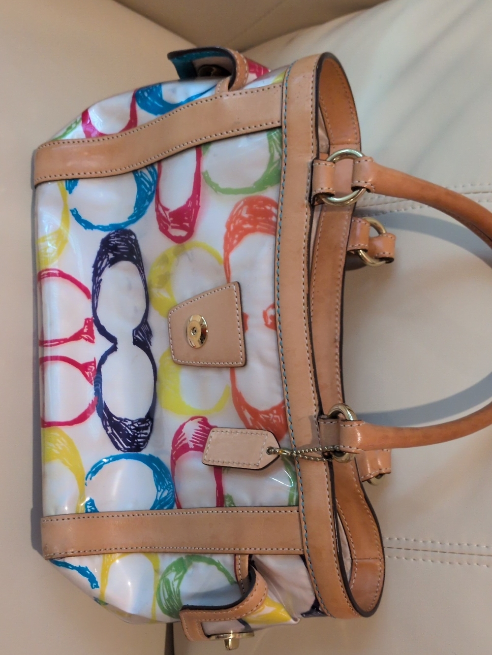 Coach Multicolor Circle Print Satchel with Tan Trim